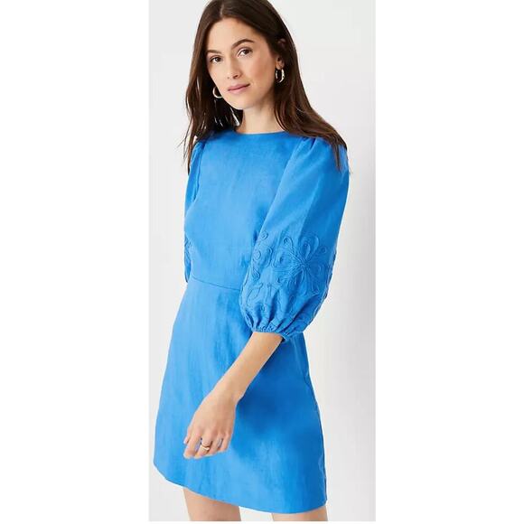 Ann Taylor Floral Embroidered Linen Blend Flare Dress Blue Stretch Classy 0P - Picture 3 of 7